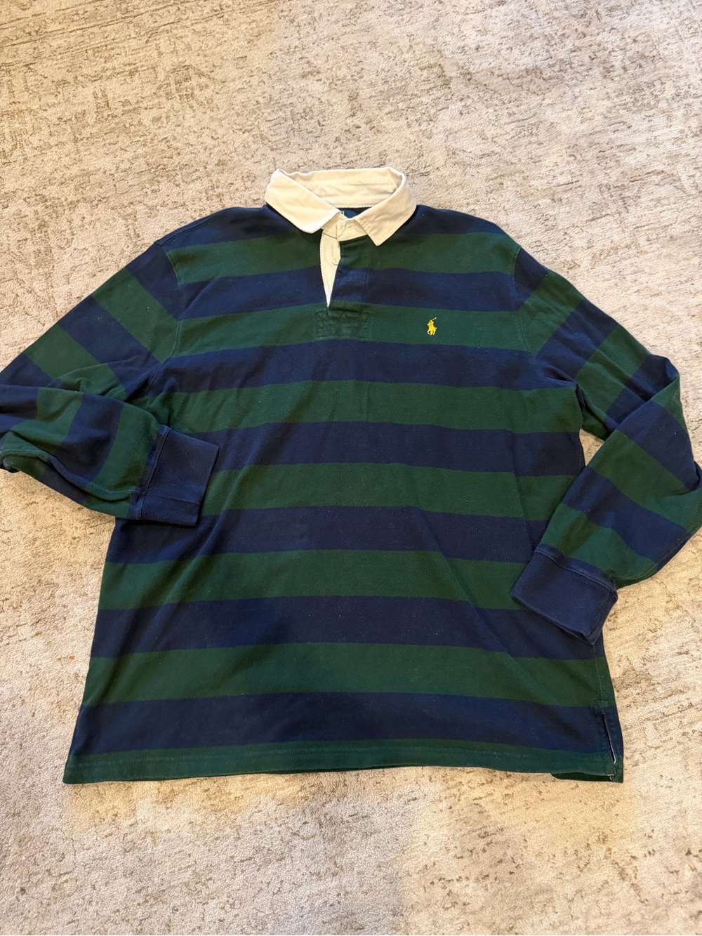 Ralph Lauren Navy & Green Striped Rugby Polo with White Collar